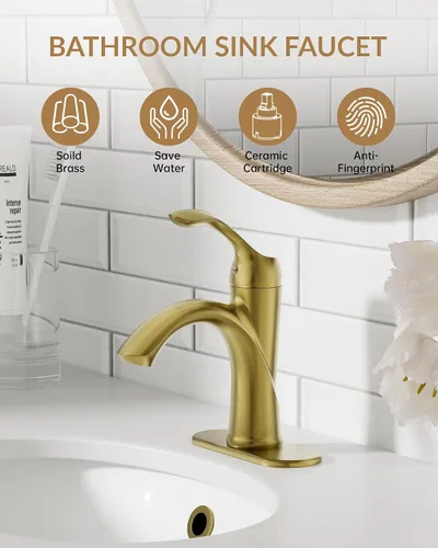 Miniatura 5 de Grifo de baño dorado, grifo de baño de un solo agujero, estilo vintage de granja con palanca de una sola manija para lavabo con drenaje desplegable