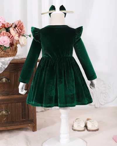 Miniatura 4 de Kucnuzki Vestido de terciopelo para niña pequeña, vestido de terciopelo sólido para niña, vestido de princesa casual para fiesta de otoño