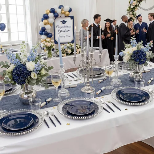 Miniatura 2 de KIRE 175 platos de plástico azul con borde plateado y cubiertos desechables con mango azul y tazas de borde plateado, servilleta de mano y vajilla