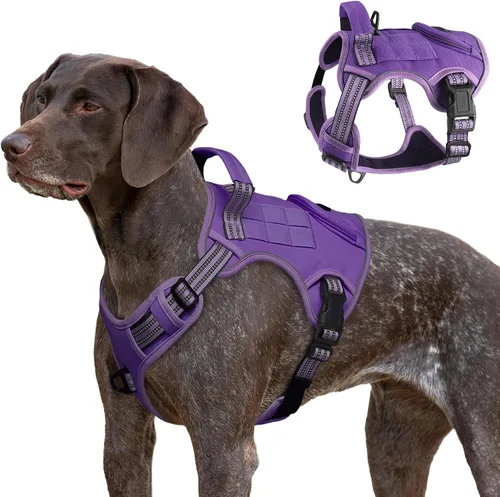 Miniatura 8 de Arnés táctico para perros grandes, chaleco de servicio militar resistente sin tirones con asa de control y 4 parches, arnés ajustable reflectante