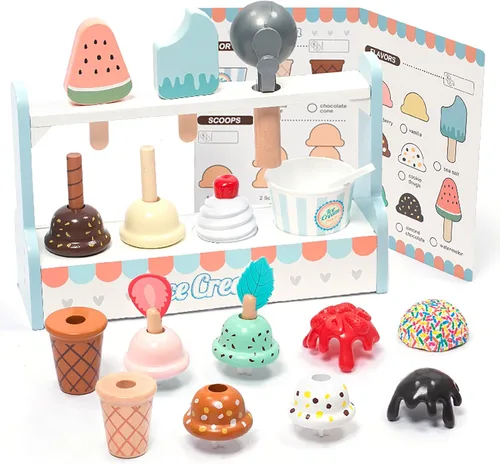 UMU Juguete de madera para contador de helados, accesorios de cocina de simulación para niños, comida interactiva de pretend, clasificador de formas