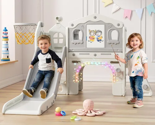 Miniatura 11 de BIERUM Juego de tobogán 10 en 1 para niños pequeños - Tobogán para bebés de 1 a 3 años con luces coloridas, pizarra para dibujar y tablero