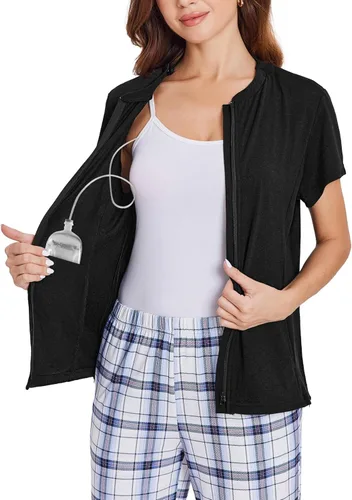 Deyeek Camisas de mastectomía con bolsillos de drenaje Tops post cirugía de hombro para mujeres con puerto de quimio manga corta con cremalleras