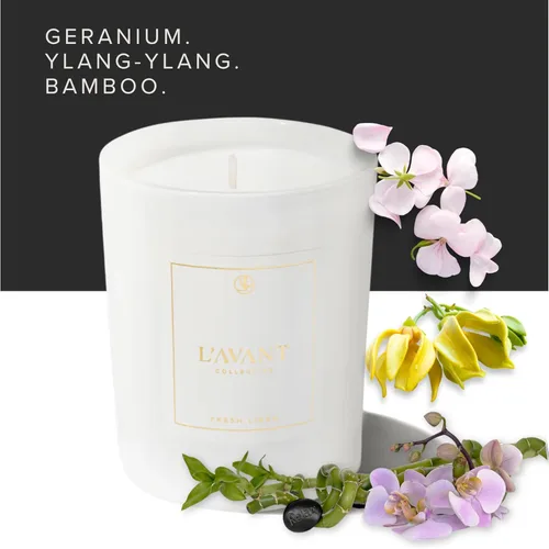 Miniatura 5 de L'AVANT Collective Vela blanca Aroma de lino fresco No tóxico y sin parafina Vidrio blanco sofisticado 40 horas de tiempo de combustión 8