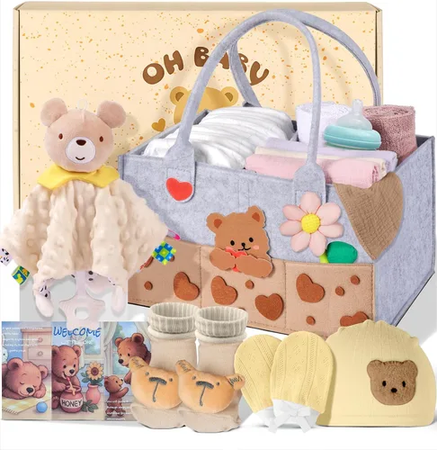 Cesta de Regalo para Baby Shower - Juego de Regalo para Bebé con Organizador de Pañales, Regalos para Nueva Mamá, Regalos de Revelación de Género,