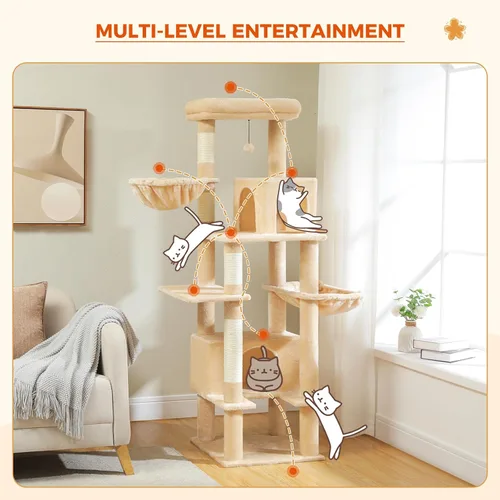 Miniatura 5 de PEQULTI Árbol para gatos de interior de 66 pulgadas, torre alta para gatos grandes con poste rascador, hamaca de metal súper grande y 2 condominios