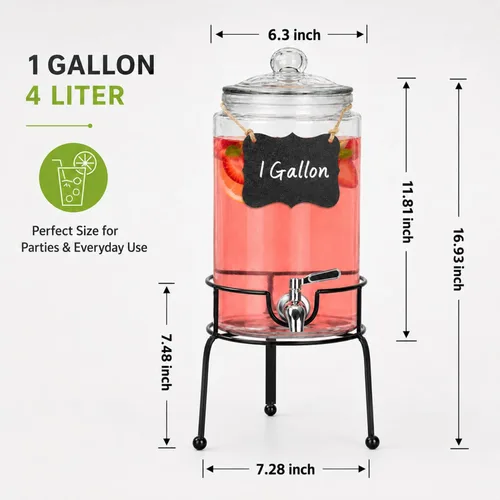 Miniatura 7 de Dispensador de bebidas de 1 galón, 1 paquete, dispensador de bebidas de espita de acero inoxidable para fiestas con soporte, recipiente de vidrio