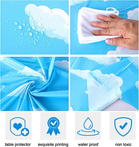 Miniatura 2 de Kinlop Mantel redondo de dibujos animados de 84 pulgadas, diseño de cielo azul y nube blanca, de plástico, desechable, impermeable, para baby