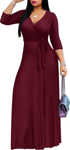 Miniatura 3 de FANDEE - Vestido largo de verano para mujer, unicolor, bohemio con cuello en V y manga 34