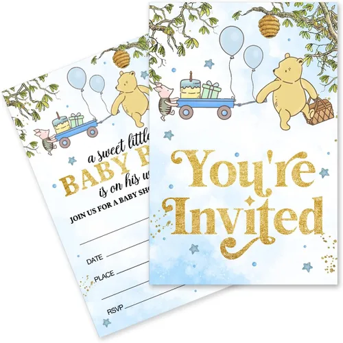 Invitaciones de baby shower de Winnie Pooh pertnate, invitaciones de baby shower de Winnie Pooh para niño, 20 invitaciones con sobres