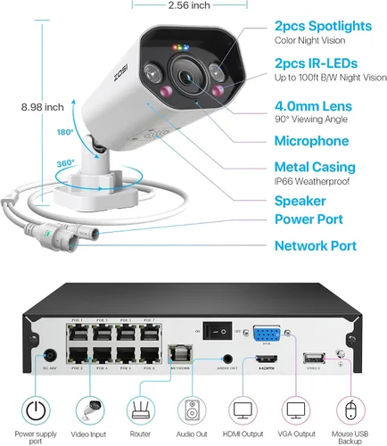 Miniatura 8 de ZOSI 4K 8CH Sistema de cámara de seguridad PoE con foco con HDD de 2TB, 4 piezas de cámaras IP PoE de 5MP para exteriores, detección inteligente