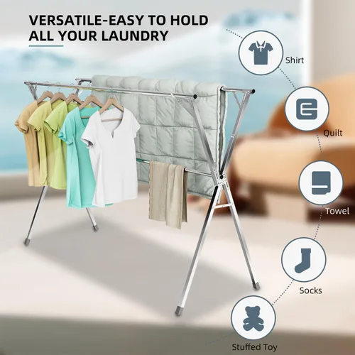 Miniatura 3 de Estante de secado de ropa, de acero inoxidable resistente, ajustable y plegable, para interiores y exteriores, con 20 ganchos resistentes al viento