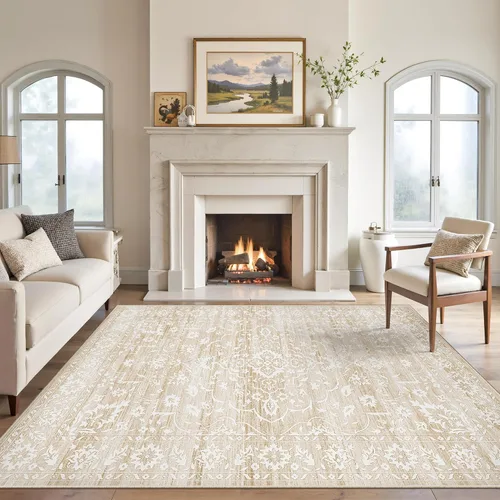 Soalmost Alfombras de área de 5 x 7 pies para sala de estar, alfombras lavables florales beige para comedor, dormitorio, oficina en casa, alfombra