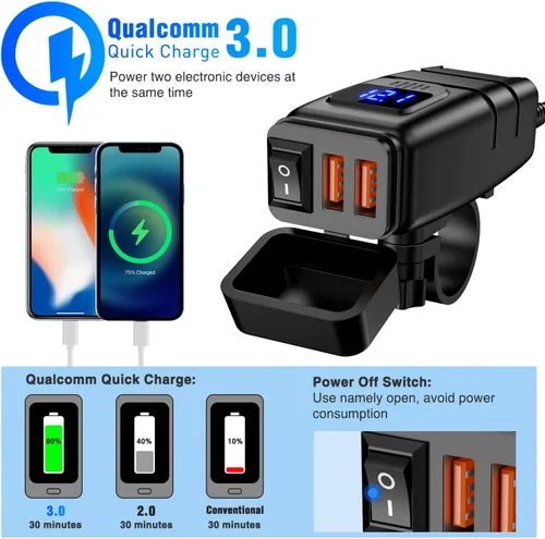 Miniatura 6 de Nilight Cargador de motocicleta con voltímetro de 12 V, interruptor de encendido y apagado independiente, adaptador USB SAE en línea, fusible de 10