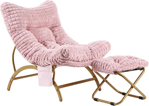 Miniatura 11 de Welnow Silla perezosa beige con otomana, silla de lectura de gran tamaño para adultos, silla de descanso acolchada suave para sala de estar