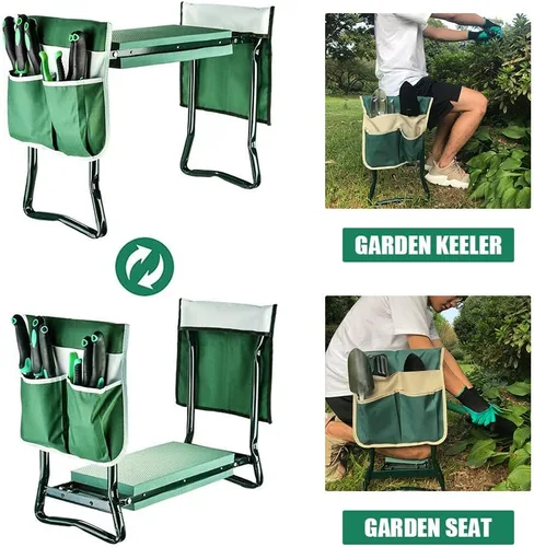 Miniatura 3 de Taburete plegable de jardín resistente con guantes de bolsillo extraíbles grandes y almohadilla de EVA suave para amantes de la jardinería