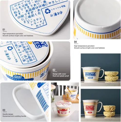 Miniatura 6 de Cuenco de fideos instantáneos de cerámica con tapa, taza creativa para sopa de ramen, cuenco para almuerzo para estudiantes (color azul, tamaño: S)