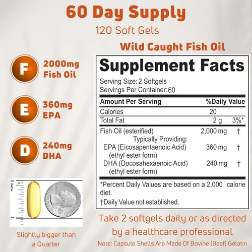 Aceite de pescado Omega 3 de 2000 mg. Suplementos de aceite de pescado Omega 3 para apoyar la salud cardíaca, las funciones cerebrales y el sistema