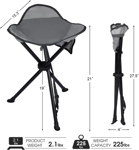 Miniatura 3 de Portal Taburete de trípode plegable alto para acampar al aire libre, caminar, caza, senderismo, pesca, viajes, soporta 225 libras Gris elevado