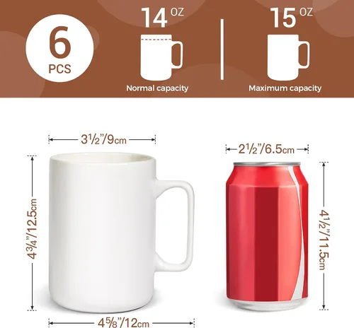 Miniatura 4 de ComSaf Juego de 6 tazas de café de cerámica, taza de café grande de 14 onzas, taza de té para oficina y hogar, taza de porcelana con asa