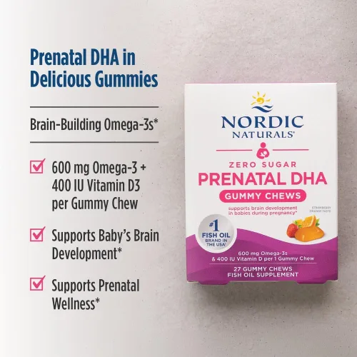 Miniatura 3 de Nordic Naturals Zero Sugar DHA - Gomitas prenatales de vitamina sabor fresa y naranja, 27 gomitas - Suplementos para el embarazo - 600 mg de aceite