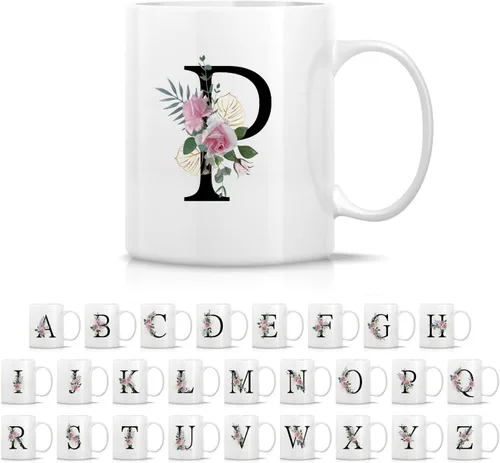 Miniatura 9 de Retreez Ramo botánico floral inicial A-Z con monograma, taza con monograma de cerámica de 11 onzas, regalo de agradecimiento de agradecimiento