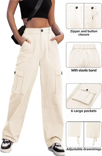 Miniatura 4 de Zmpsiisa Pantalones cargo de cintura alta, para mujer, pantalones informales de pierna ancha, 6 bolsillos, pantalones militares de combate