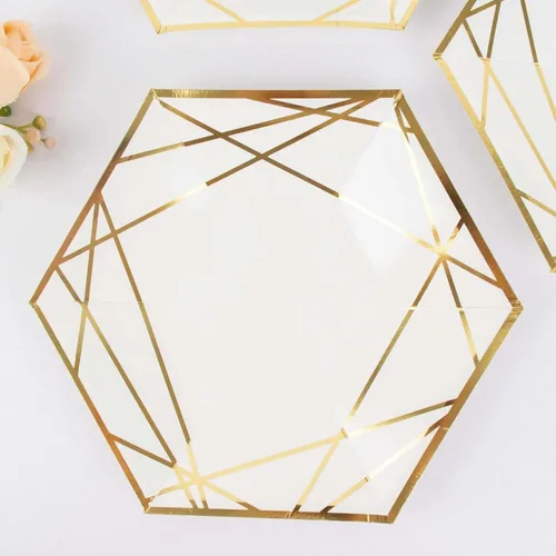 Miniatura 12 de Efavormart - Paquete de 25 platos hexagonales de papel blanco y dorado de 7 pulgadas, platos geométricos rígidos para postres y aperitivos