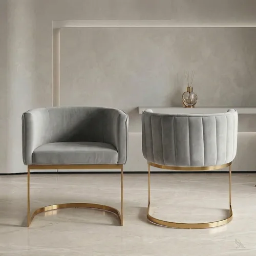Miniatura 32 de Hyfirm Juego de 2 sillas de comedor de barril beige y dorado, modernas sillas tapizadas de terciopelo con respaldo curvado para isla de cocina