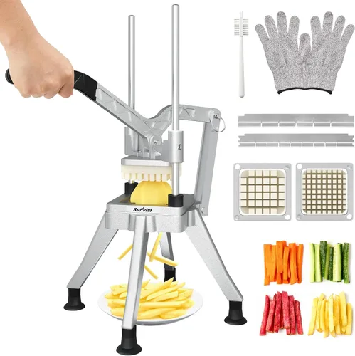 Sunvivi Cortador comercial de papas fritas, cortador de papas resistente con 2 cuchillas reemplazables (1/2 y 3/8 pulgadas), cortador profesional