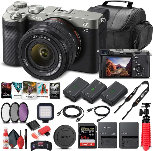 Sony Cámara digital Alpha a7C sin espejo con lente de 1.102-2.362 in (plateado) ILCE7CL/S + tarjeta de memoria de 64 GB + 2 baterías NP-FZ-100 +