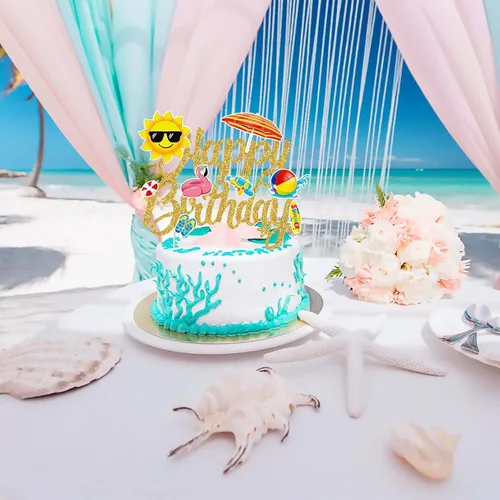 Miniatura 9 de Decoración hawaiana de verano para tartas de playa, decoración de pastel de cumpleaños, decoración de pastel de cumpleaños con purpurina para Oro