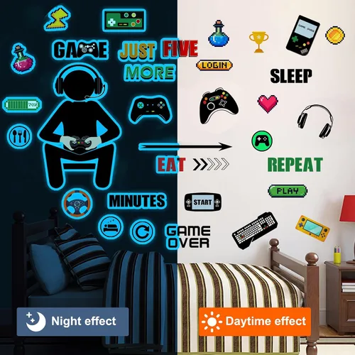Miniatura 4 de Calcomanías de pared para jugadores que brillan en la oscuridad, calcomanías de pared para controlador de juegos, decoración de sala de juegos, Azul