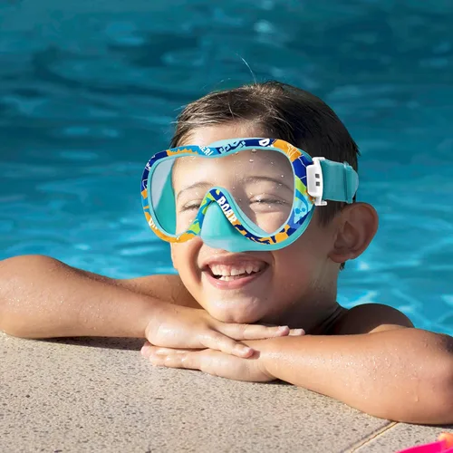 Miniatura 9 de Gafas de natación para niños con cubierta para la nariz, máscara de esnórquel panorámica de 180° con diseño antivaho y antifugas, correa de tela