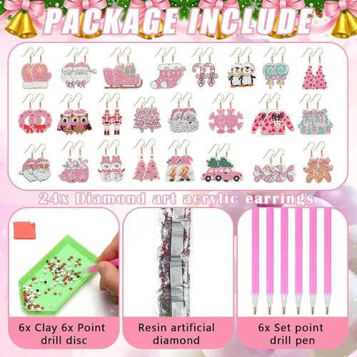 Miniatura 6 de Siifert 24 pares de kit de fabricación de aretes de pintura de diamante de Navidad, kit de joyería de aretes de arte de diamante para adultos, kit