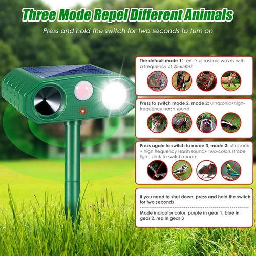 Miniatura 3 de Paquete de 2 repelentes solares de animales para exteriores, disuasorio ultrasónico con 4 modos de dispositivos repelentes de ciervos, sensor