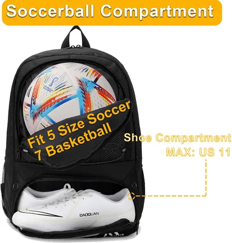 Miniatura 3 de Hsmihair - Bolsa de fútbol - Mochila de fútbol y mochila para fútbol, voleibol y baloncesto, con compartimento para pelota y tacos separados Negro