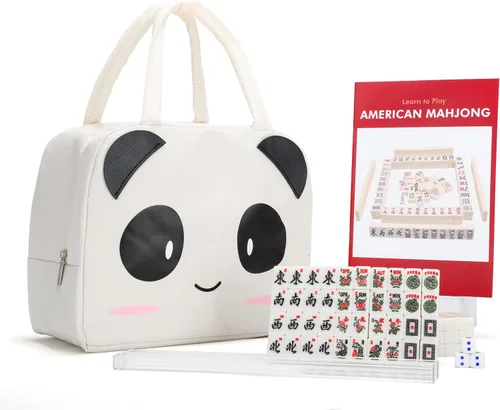 drizzle Travel Mini juego de Mahjong americano - 166 azulejos blancos Incluye comodines 0,8" Material de melamina blanca - con estantes, Panda