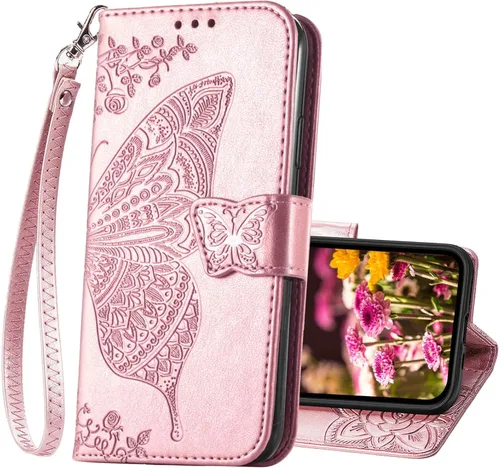 Miniatura 12 de Funda tipo cartera para iPhone 13 para mujeres, diseño plegable tipo folio con mariposa en relieve, cuero PU con soporte, ranuras para tarjetas