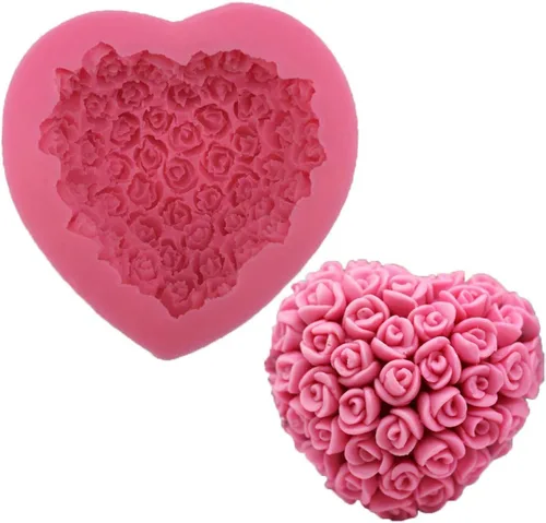 OBTANIM Molde de Silicona 3D de Flor Rosa Forma de Corazón de Amor Fondant Jabón Pastel Molde para Chocolate Boda San Valentín