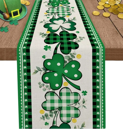 Camino de mesa del día de San Patricio, camino de mesa de café, hojas de trébol verdes, a cuadros, camino de mesa de comedor, bufandas para cocina,