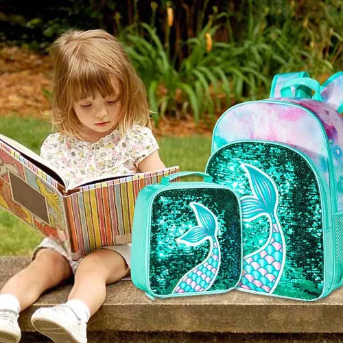 Miniatura 4 de 3 mochilas para niñas, 16 pulgadas con lentejuelas para preescolar y lonchera