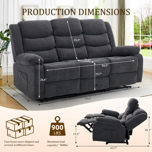 Miniatura 2 de Korser Sofá reclinable, sofá biplaza reclinable con consola, sofá reclinable extragrande con mesa desplegable, sofá de 3 plazas con portavasos y Gris