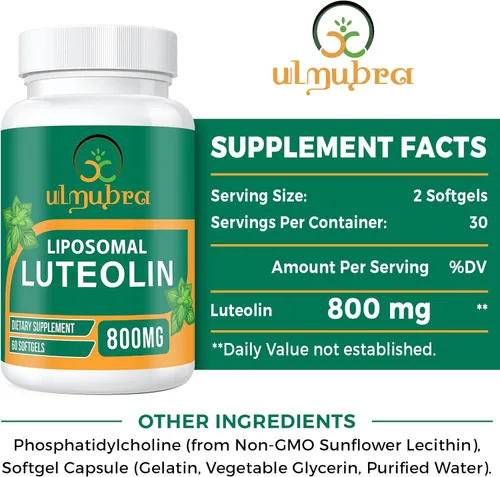 Miniatura 5 de Ulmubra Suplemento de luteolina liposomal de 800 MG, máxima absorción, suplemento antioxidante premium para el cerebro y el bienestar general, 120