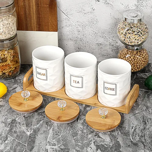 Miniatura 7 de JUXYES Juego de 3 Botes de Cerámica para Azúcar, Café, Té con Bandeja con Asa, Lujosos Juegos de Contenedores de Almacenamiento con Tapas, Frascos