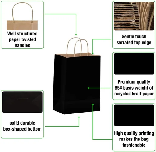 Miniatura 6 de Qutuus Bolsas de regalo negras con asas – 25 bolsas de papel negro de 8 x 4.5 x 10 pulgadas, bolsas de compras, bolsas de fiesta, bolsas de regalo