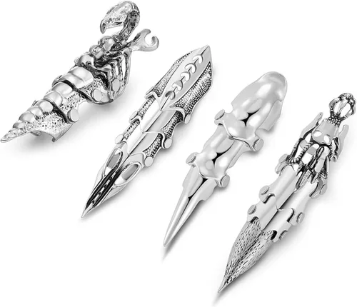 Jovivi - Anillo de fantasía para hombre, diseño de nudillos de armadura plateada, doble lazo, punk, rock, gótico, genial, 1-4 piezas