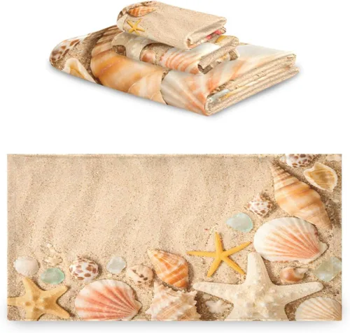 Miniatura 2 de ALAZA Juego de 3 toallas de playa con diseño de estrellas de mar en la playa, toalla de mano, toalla de baño, toalla suave y fina para invitados