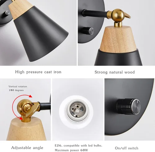 Miniatura 3 de Aplique de Pared con Pantalla de Metal, Interruptor de Encendido/Apagado, Lámpara Decorativa de Interior de Montaje en Pared con Brazo Articulado