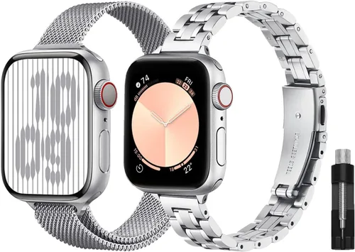 Miniatura 12 de Paquete de 2 correas de metal compatibles con Apple Watch Band 38/40/41/42/44/45/46/1.929 in, acero inoxidable y malla milanesa para iWatch Band